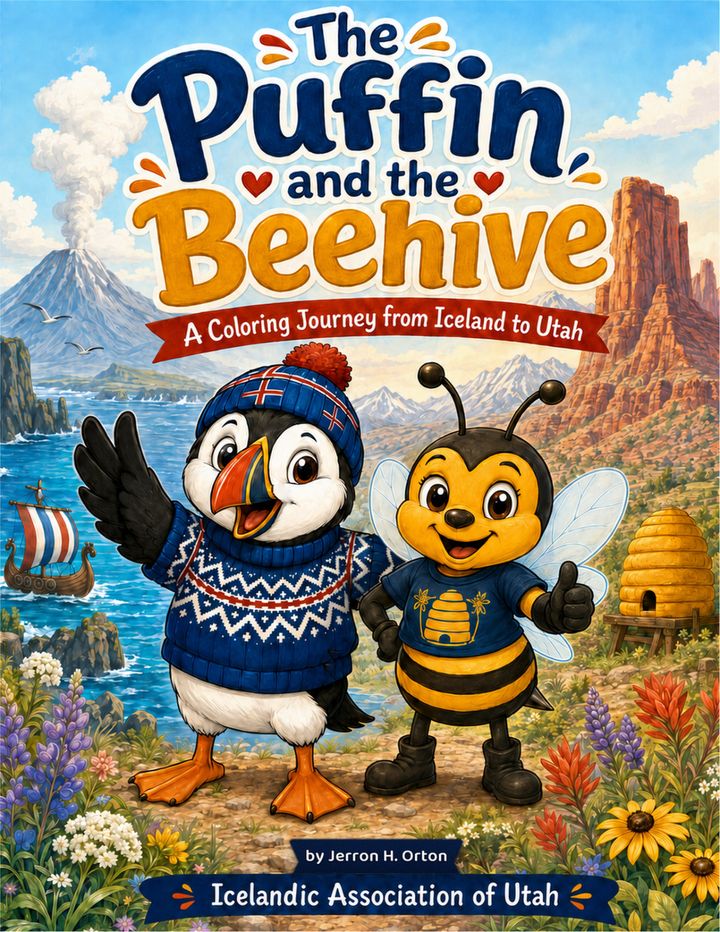 The Puffin and the Beehive: Púffi the puffin and Dési the bee stand together in front of Icelandic cliffs and Utah's red rock, with a beehive beside them.
